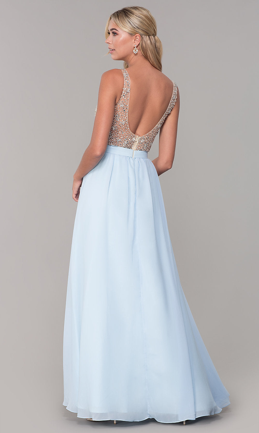 Dancing Queen-Long Illusion-Beaded-Bodice V-Neck Prom Dress